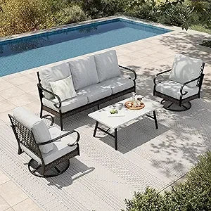 4-Piece Patio Furniture Set with Metal & Rattan Design, Includes 2 Rocking Chairs, 3-Seat Sofa & Marble Coffee Tabl