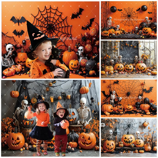 Halloween Backdrop Pumpkins Spider Webs Bats Skeletons Decoration Kids Birthday Party Baby Shower Backgrounds for Photographs