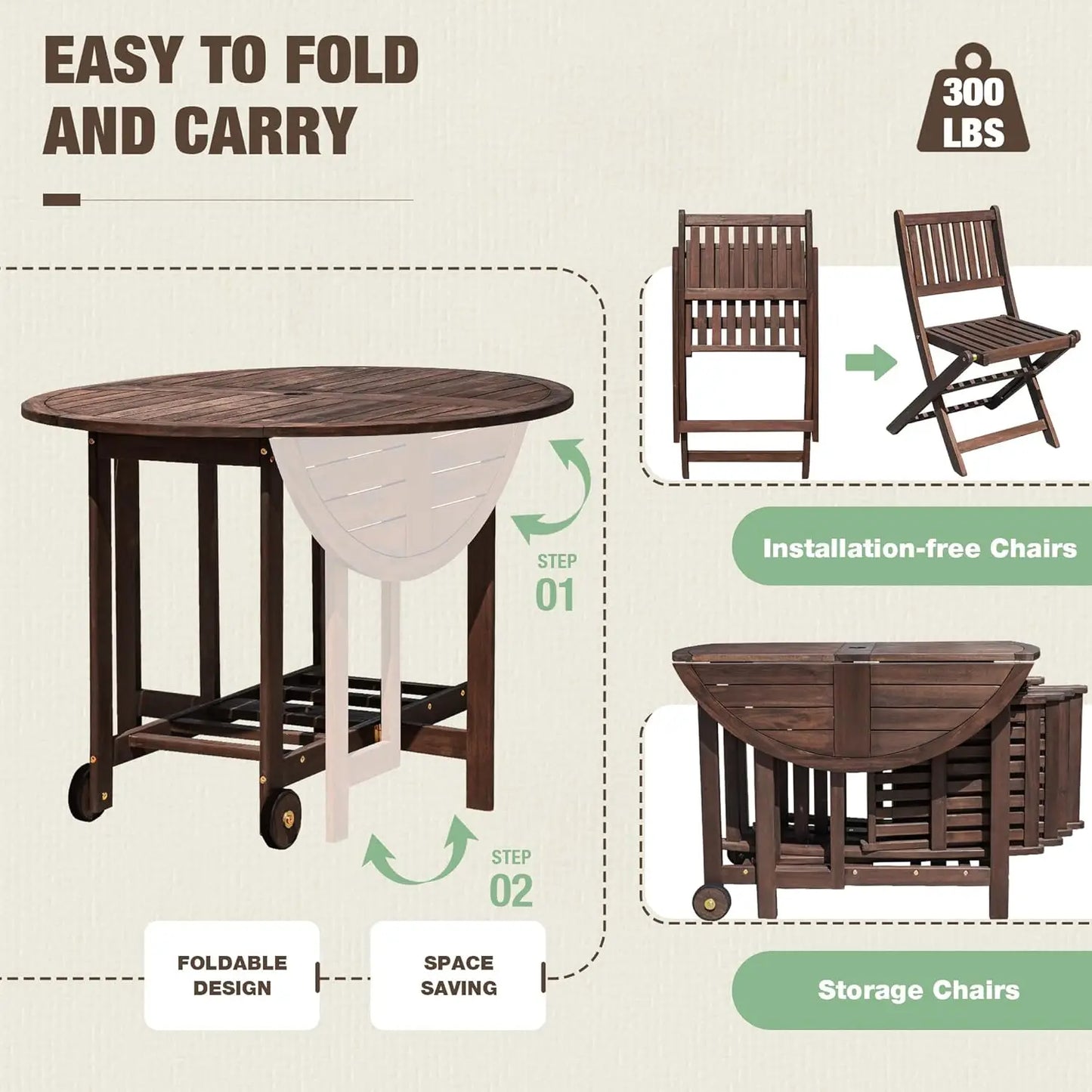 5 PCS Patio Patio Dining Set Acacia Wood Outdoor