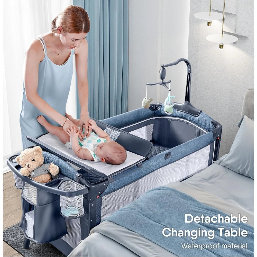 Baby Bassinet Bedside Crib, Pack and Play w/Sheet, Diaper Changing Table & Music Mobile