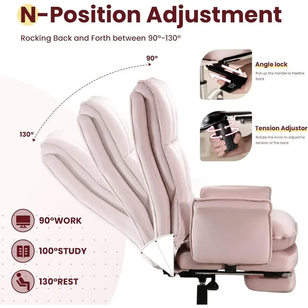 High Back Office Desk Chair with Wheels and Retractable Footrest, Adjustable Backrest