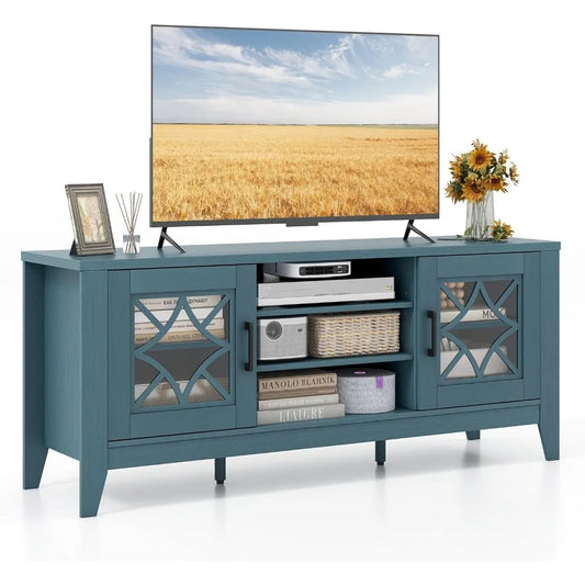 Farmhouse TV Stand w/Glass Door Cabinets & 4 Adjustable Shelves
