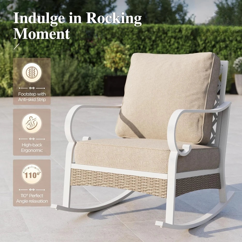 4-Piece Patio Furniture Set with Metal & Rattan Design, Includes 2 Rocking Chairs, 3-Seat Sofa & Marble Coffee Tabl
