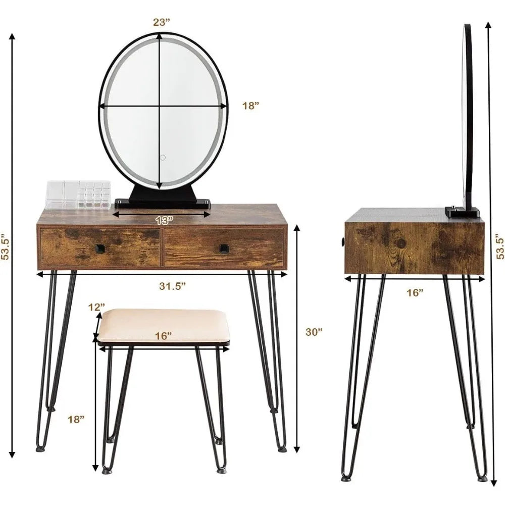 Makeup Vanity Table with Lighted Mirror, 3 Lighting Sets, Adjustable Brightness, 2 Large Drawers, Acrylic Storage Boxes, Girls