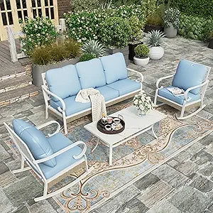 4-Piece Patio Furniture Set with Metal & Rattan Design, Includes 2 Rocking Chairs, 3-Seat Sofa & Marble Coffee Tabl