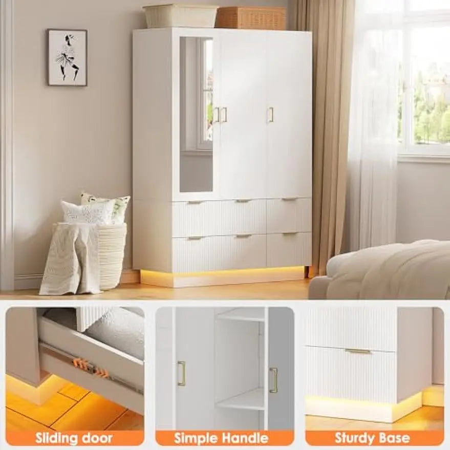 Wardrobe Closet with 3 Door, with Mirror and LED Lights, Hanging Rod, Drawers