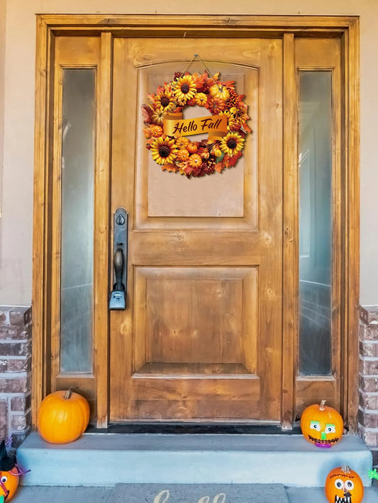Fall Pumpkin Sunflower Front Door Sign, Autumn Harvest Maple Leaf Wreath Decoration