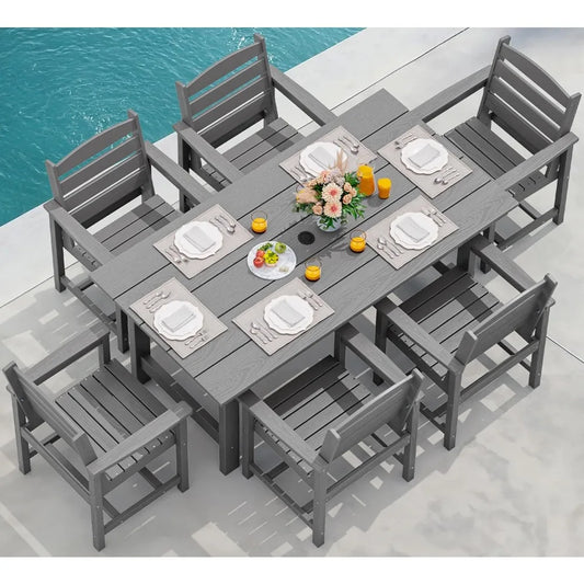 7-Piece Outdoor Dining Table Sets with Umbrella Hole Cut-Out Table and 6 Chairs