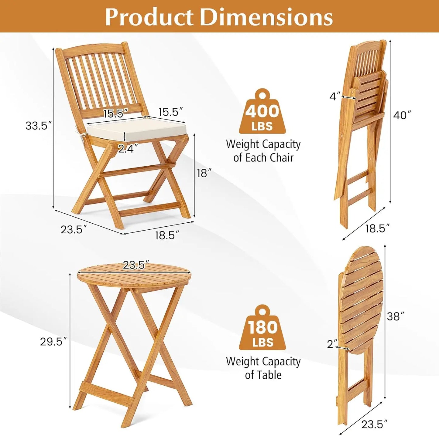 3 Pieces Acacia Wood Table and Chairs Set