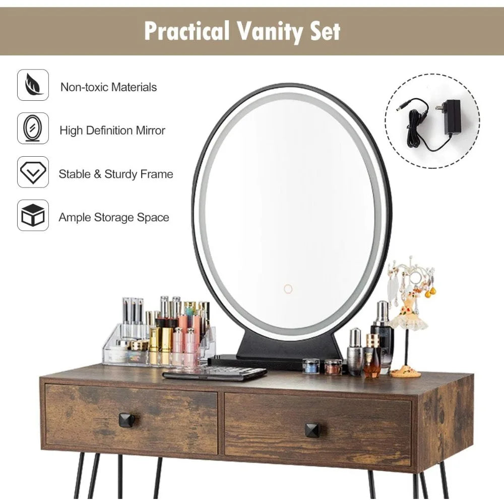 Makeup Vanity Table with Lighted Mirror, 3 Lighting Sets, Adjustable Brightness, 2 Large Drawers, Acrylic Storage Boxes, Girls