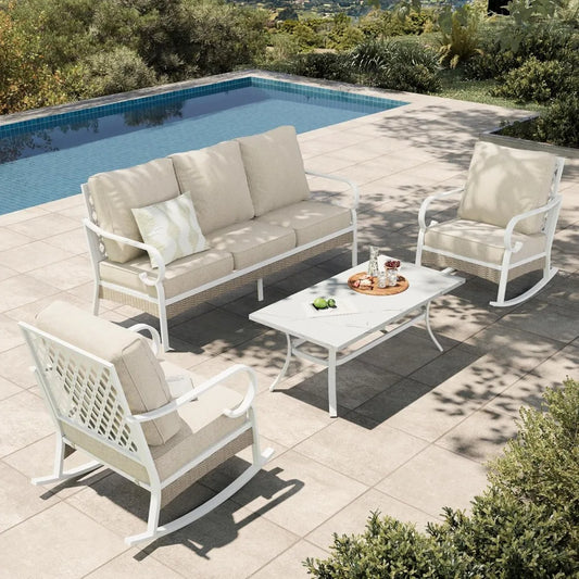 4-Piece Patio Furniture Set with Metal & Rattan Design, Includes 2 Rocking Chairs, 3-Seat Sofa & Marble Coffee Tabl