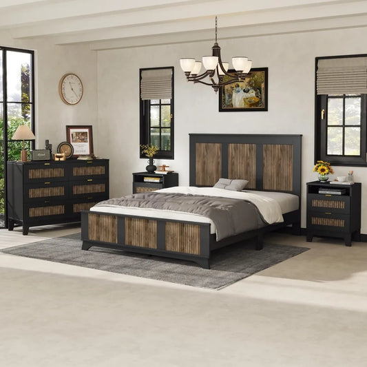 4 Piece Queen Bedroom Set, Queen Size Platform, 2 Nightstands and Dresser