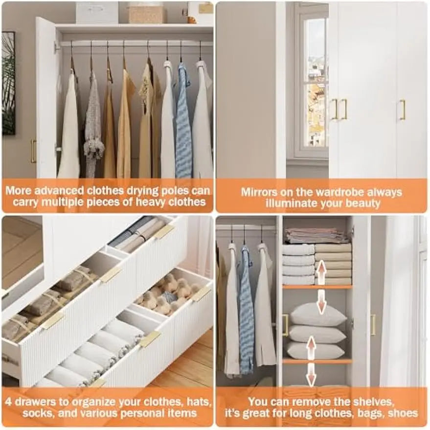 Wardrobe Closet with 3 Door, with Mirror and LED Lights, Hanging Rod, Drawers