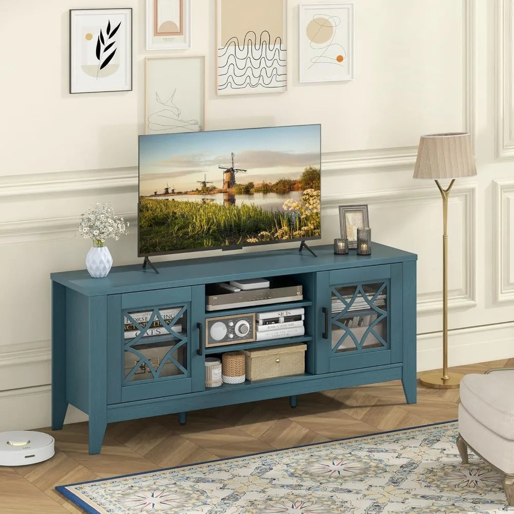 Farmhouse TV Stand w/Glass Door Cabinets & 4 Adjustable Shelves
