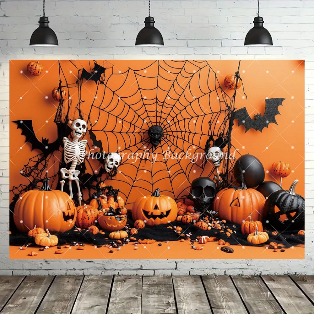 Halloween Backdrop Pumpkins Spider Webs Bats Skeletons Decoration Kids Birthday Party Baby Shower Backgrounds for Photographs