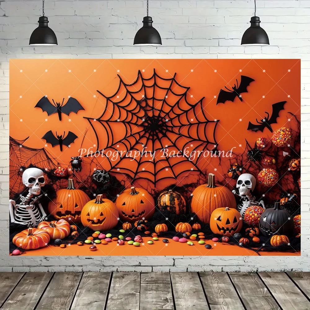 Halloween Backdrop Pumpkins Spider Webs Bats Skeletons Decoration Kids Birthday Party Baby Shower Backgrounds for Photographs