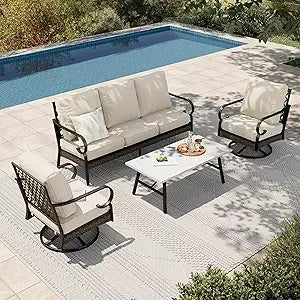 4-Piece Patio Furniture Set with Metal & Rattan Design, Includes 2 Rocking Chairs, 3-Seat Sofa & Marble Coffee Tabl
