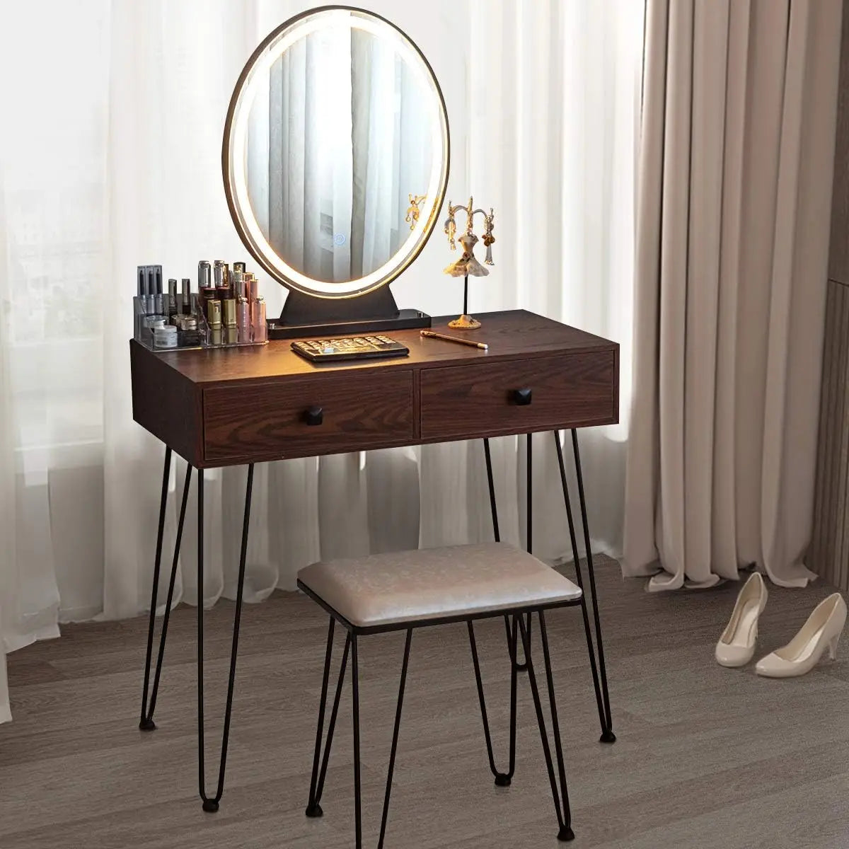 Makeup Vanity Table with Lighted Mirror, 3 Lighting Sets, Adjustable Brightness, 2 Large Drawers, Acrylic Storage Boxes, Girls