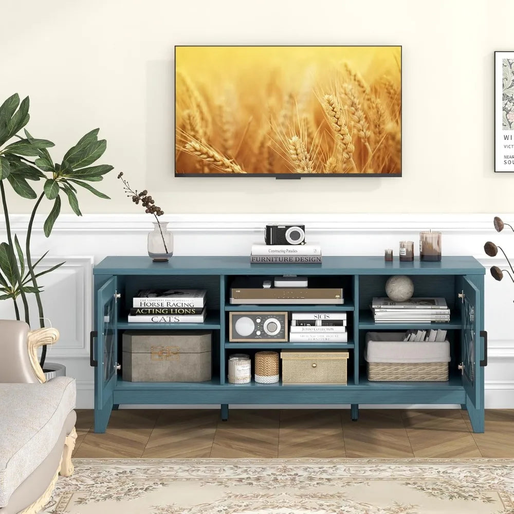 Farmhouse TV Stand w/Glass Door Cabinets & 4 Adjustable Shelves