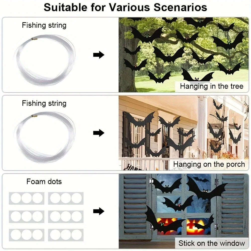 12pcs Hanging Bats Halloween Outdoor Decor. Bats 3 Sizes Hang on Trees Porches Yards Lawns.
