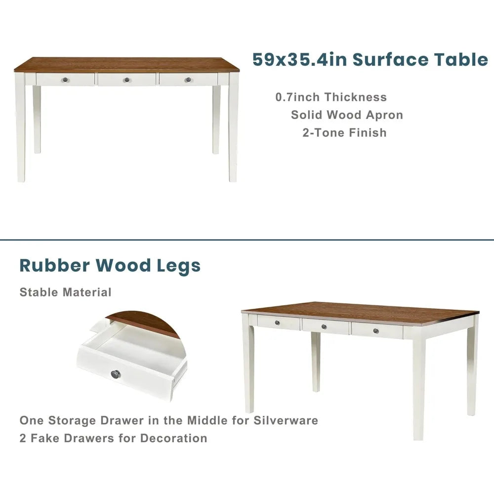 6 Piece, Farmhouse Kitchen Table Set with 4 Upholstered Chairs, Bench and Storage Drawers