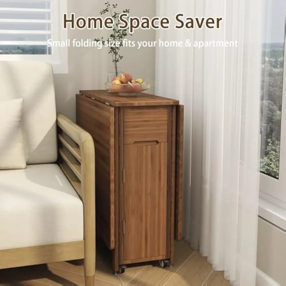 Collapsible Bamboo Drop-Leaf Dining Table with Storage, 4 Chairs and Lockable Wheels