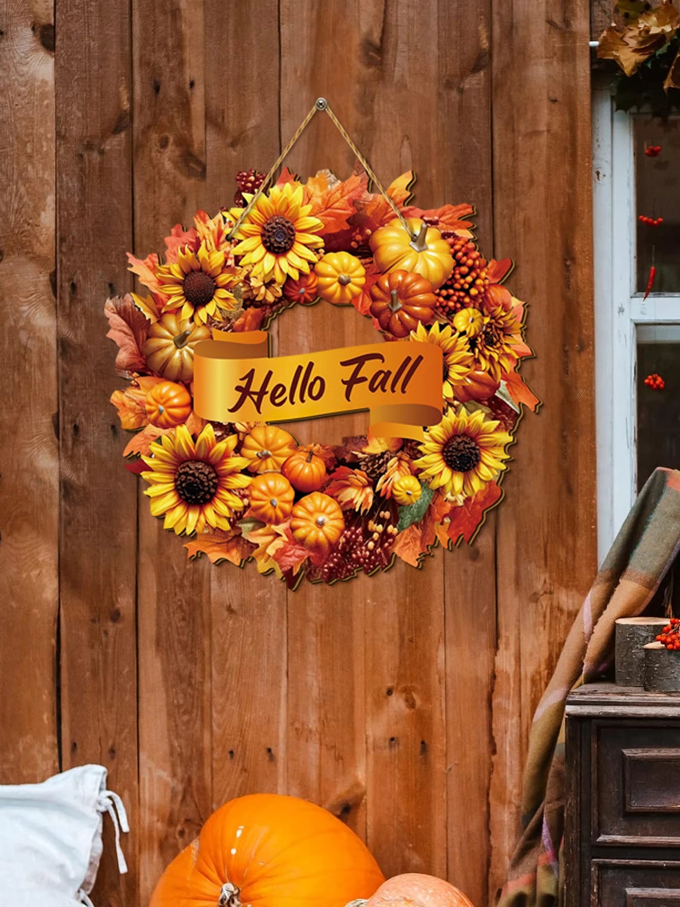 Fall Pumpkin Sunflower Front Door Sign, Autumn Harvest Maple Leaf Wreath Decoration