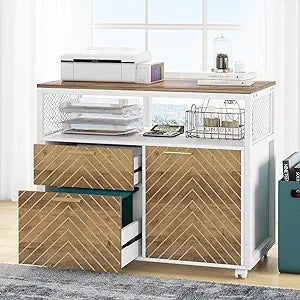 File Cabinet with Drawers and Door, Lockable lateral Filing Cabinet Printer Stand