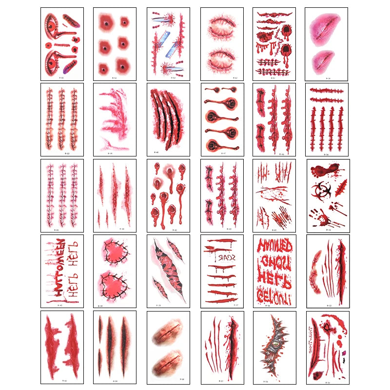 30Pcs Zombie Vampire Tattoo Stickers Realistic Fake Bloody Wound for Halloween Party Decoration