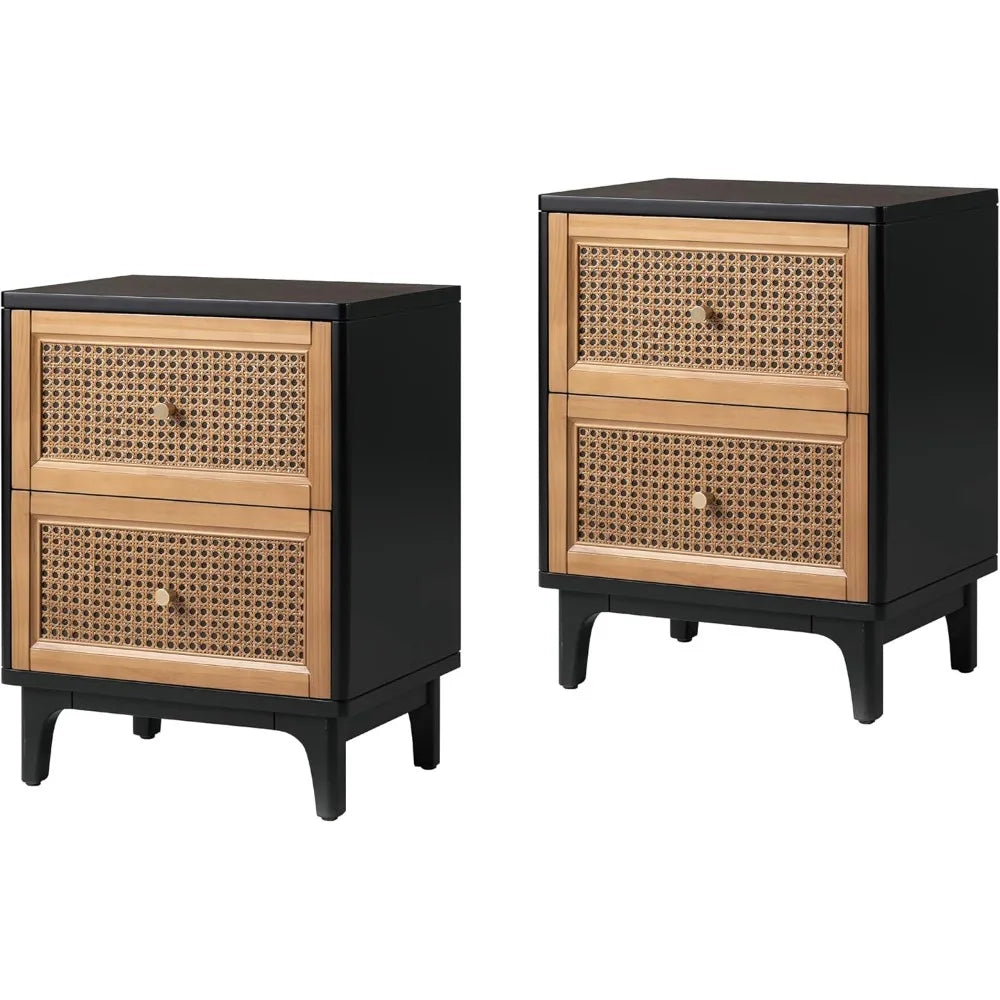 Set of 2 Fully-Assembled 2-Drawer Front Accent Nightstand with Brass Knobs