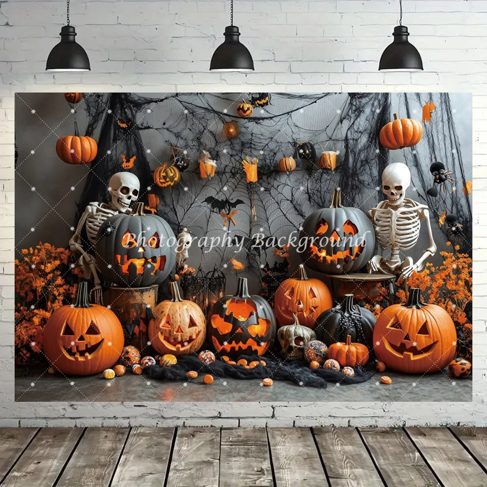 Halloween Backdrop Pumpkins Spider Webs Bats Skeletons Decoration Kids Birthday Party Baby Shower Backgrounds for Photographs