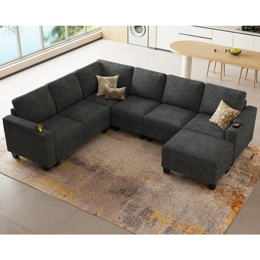Chenille Modular Sectional Sofa Convertible L Shaped with Storage