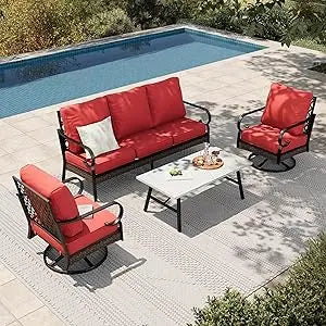 4-Piece Patio Furniture Set with Metal & Rattan Design, Includes 2 Rocking Chairs, 3-Seat Sofa & Marble Coffee Tabl