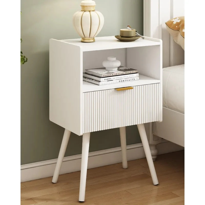 White Nightstand,Modern Bedside Table with Storage Drawer and Open Wood Shelf, for Living Room, Bedroom and Small Spaces