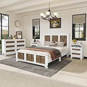 4 Piece Queen Bedroom Set, Queen Size Platform, 2 Nightstands and Dresser