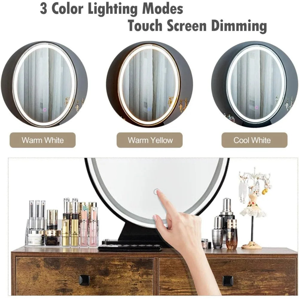Makeup Vanity Table with Lighted Mirror, 3 Lighting Sets, Adjustable Brightness, 2 Large Drawers, Acrylic Storage Boxes, Girls