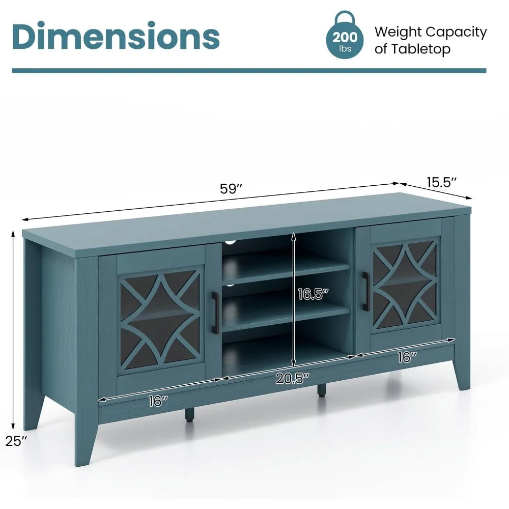 Farmhouse TV Stand w/Glass Door Cabinets & 4 Adjustable Shelves
