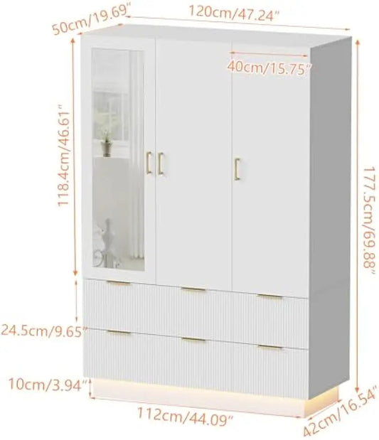 Wardrobe Closet with 3 Door, with Mirror and LED Lights, Hanging Rod, Drawers