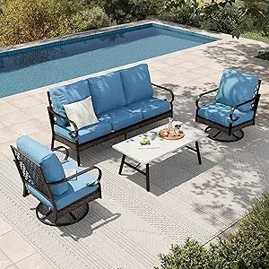 4-Piece Patio Furniture Set with Metal & Rattan Design, Includes 2 Rocking Chairs, 3-Seat Sofa & Marble Coffee Tabl