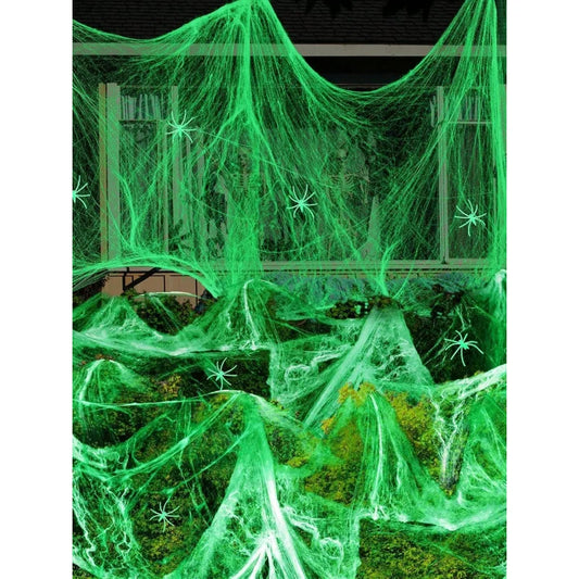 Glow-In-The-Dark Spider Web Set with Spiders, Fluorescent Expandable Spider Web for Halloween Party