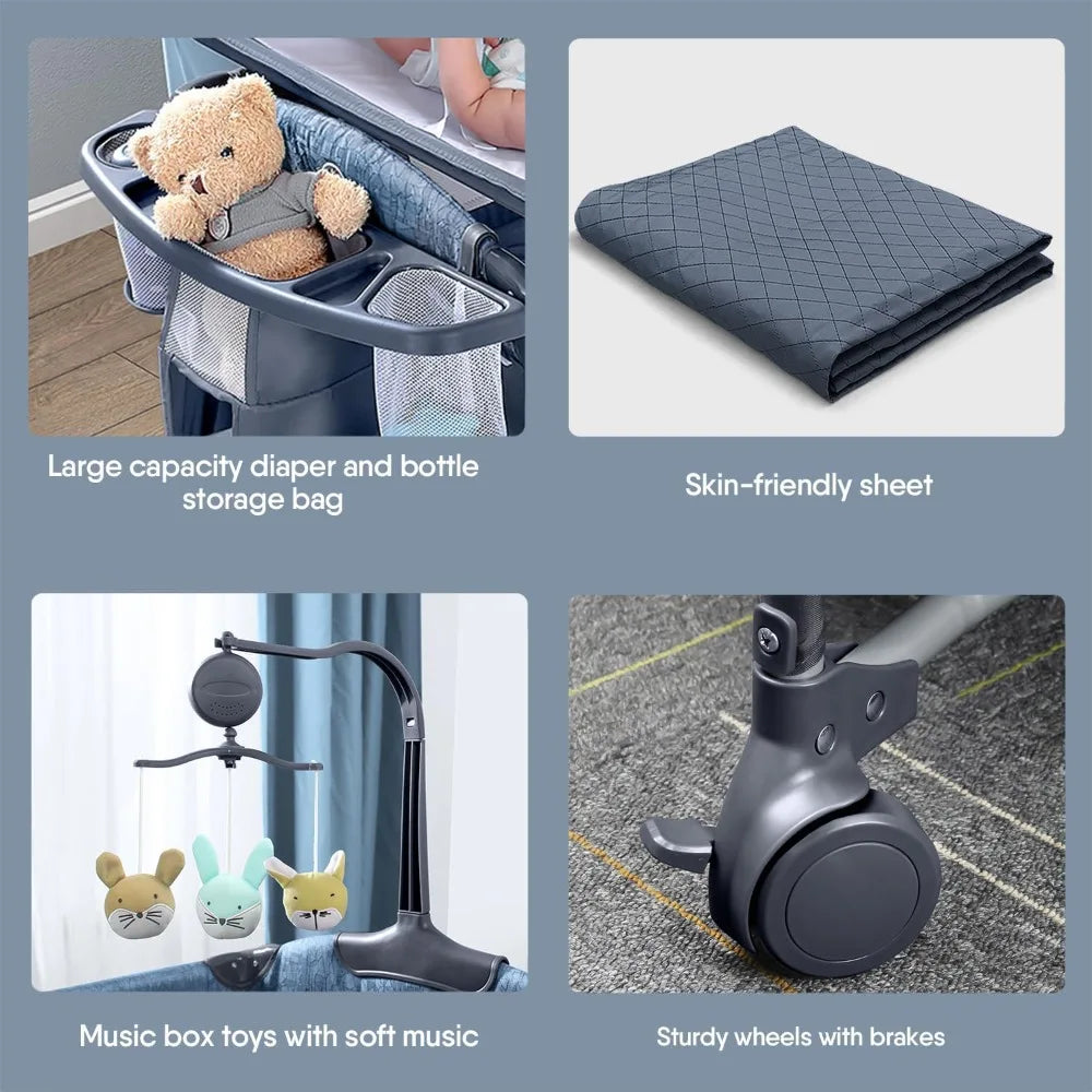 Baby Bassinet Bedside Crib, Pack and Play w/Sheet, Diaper Changing Table & Music Mobile