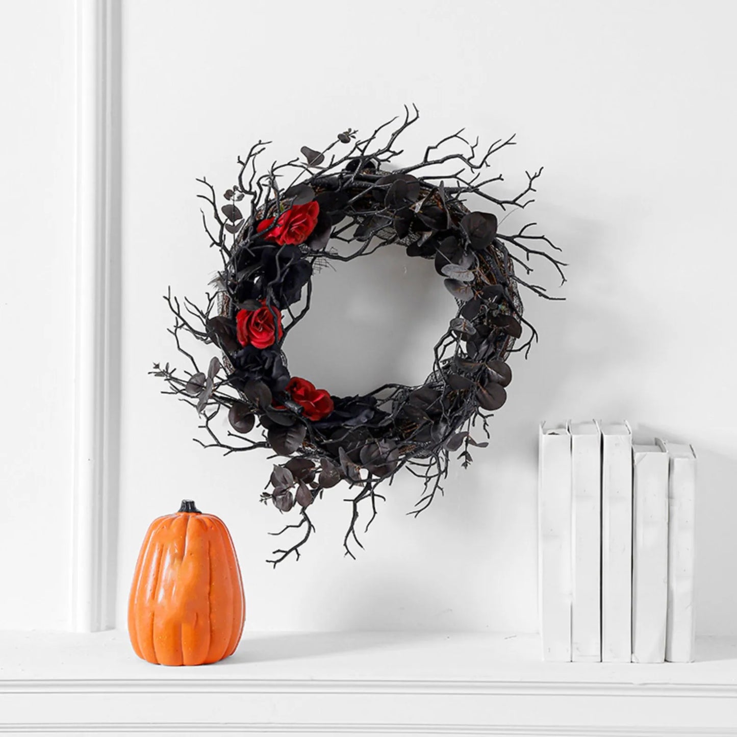 Halloween Wreath Decor Black Rose Hanging Ornament Front Door Decorations