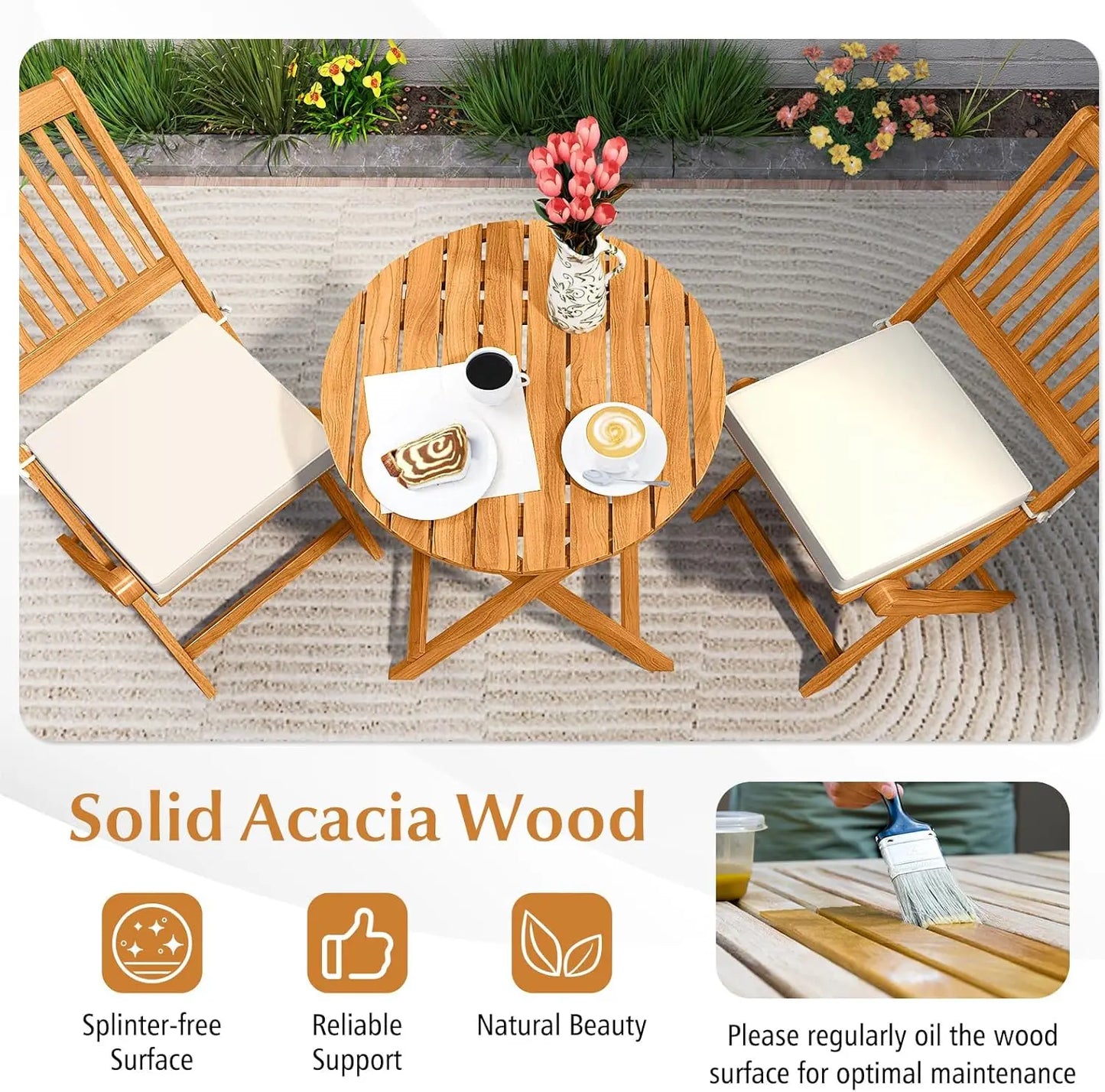 3 Pieces Acacia Wood Table and Chairs Set