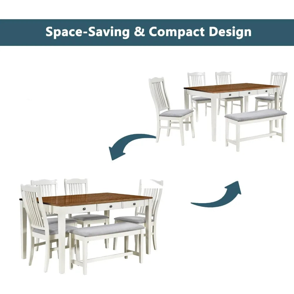 6 Piece, Farmhouse Kitchen Table Set with 4 Upholstered Chairs, Bench and Storage Drawers