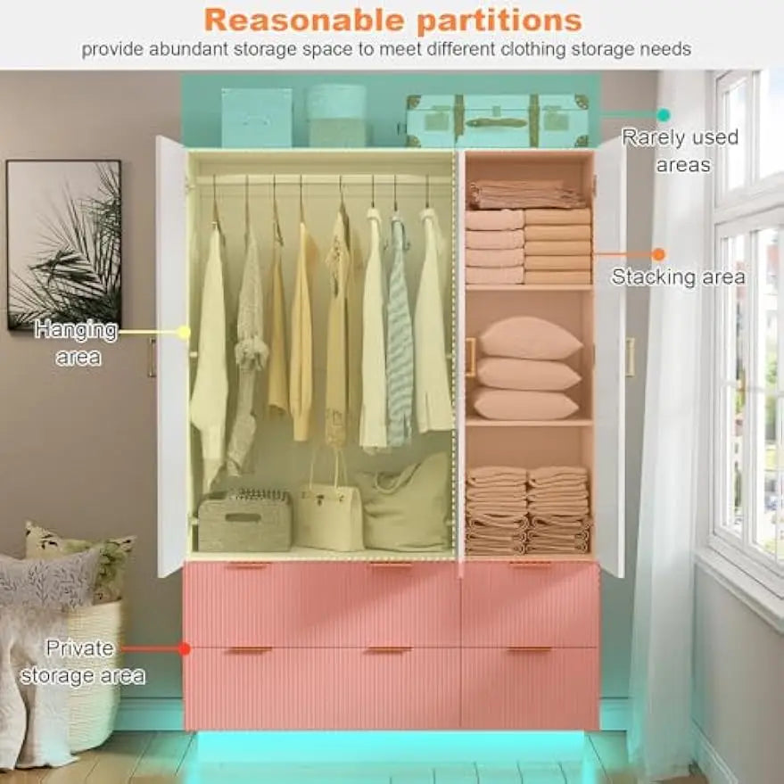 Wardrobe Closet with 3 Door, with Mirror and LED Lights, Hanging Rod, Drawers
