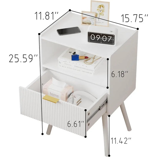 White Nightstand,Modern Bedside Table with Storage Drawer and Open Wood Shelf, for Living Room, Bedroom and Small Spaces