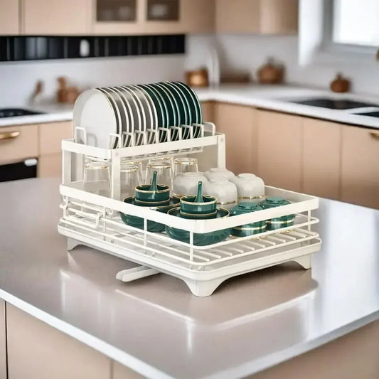 Bowl Rack - 2 Tier Dish Drainer Storage Adjustable Space Saving Organizer