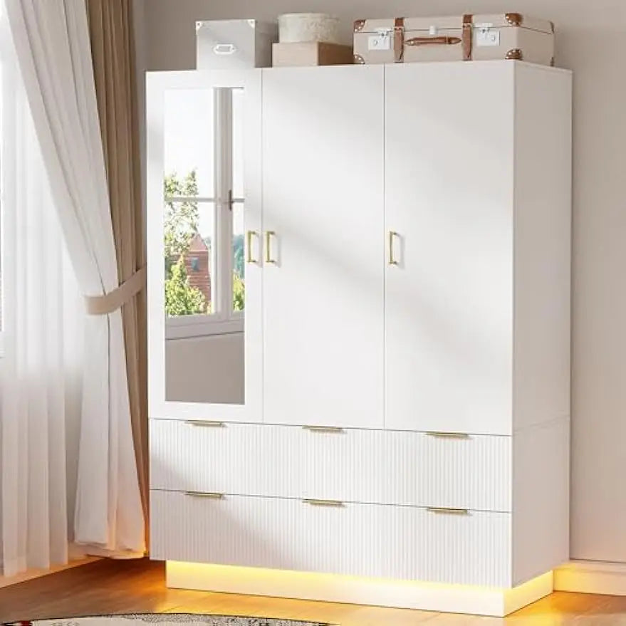 Wardrobe Closet with 3 Door, with Mirror and LED Lights, Hanging Rod, Drawers