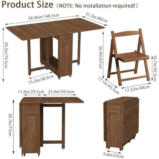 Collapsible Bamboo Drop-Leaf Dining Table with Storage, 4 Chairs and Lockable Wheels