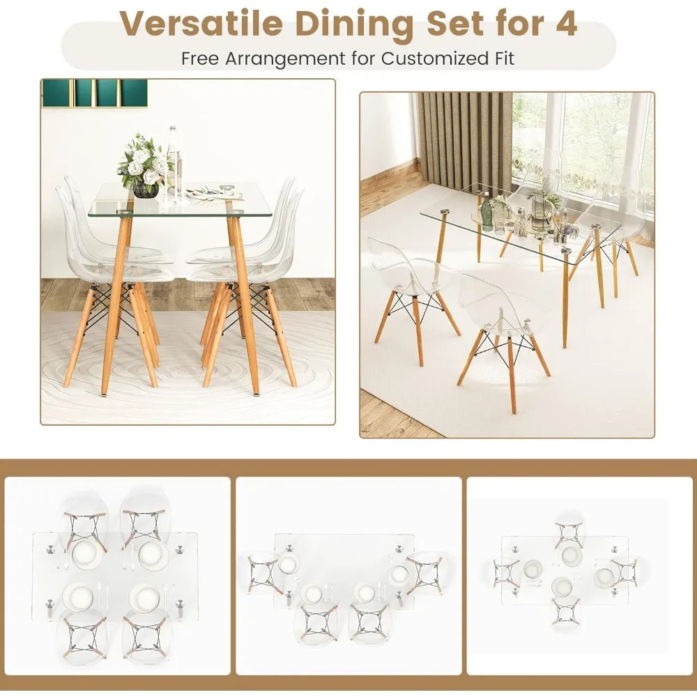Table Set for 4, Modern with Chairs, Glass Table